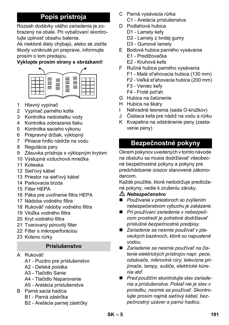 Popis prístroja, Bezpečnostné pokyny | Karcher SV 1902 User Manual | Page 191 / 284