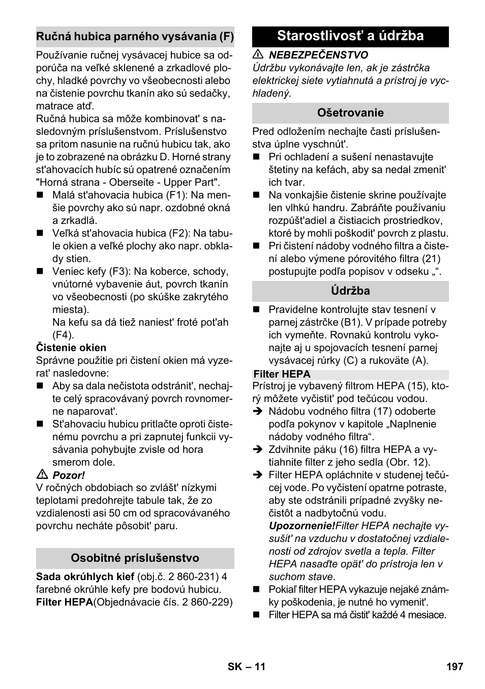 Starostlivosť a údržba | Karcher SV 1902 User Manual | Page 197 / 284