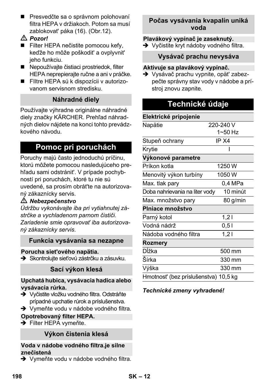 Pomoc pri poruchách, Technické údaje | Karcher SV 1902 User Manual | Page 198 / 284