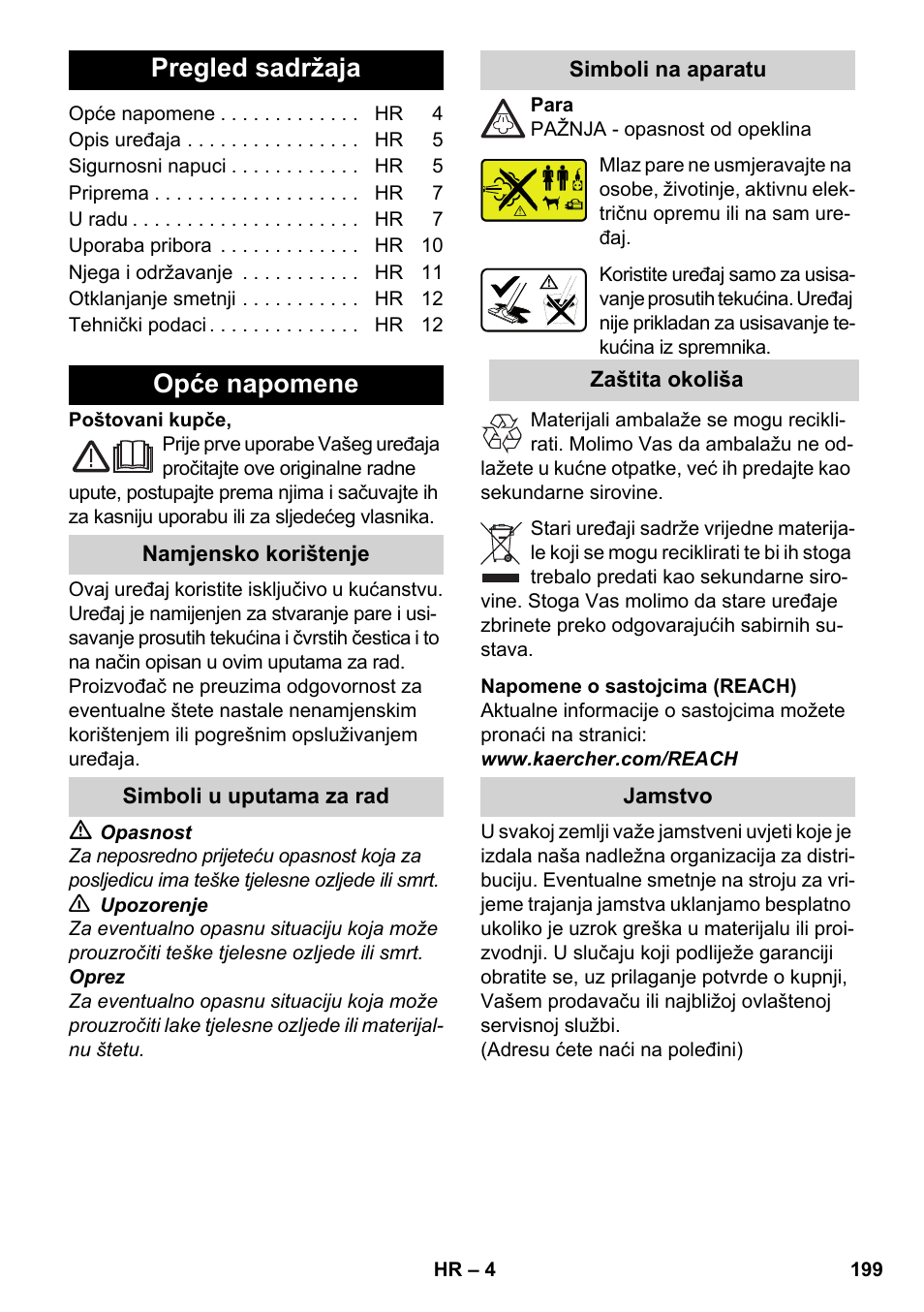 Hrvatski, Pregled sadržaja, Opće napomene | Karcher SV 1902 User Manual | Page 199 / 284