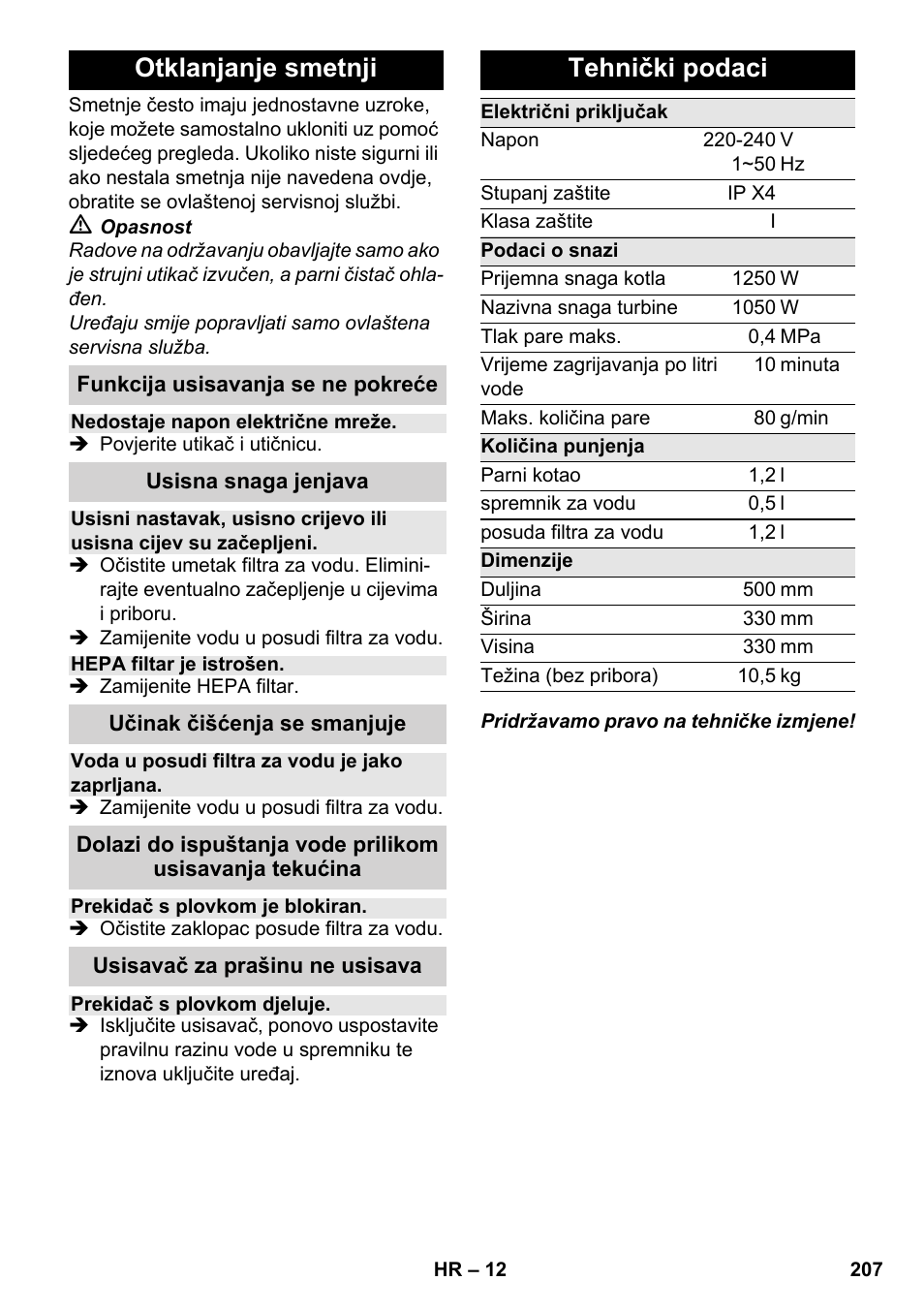 Otklanjanje smetnji, Tehnički podaci | Karcher SV 1902 User Manual | Page 207 / 284