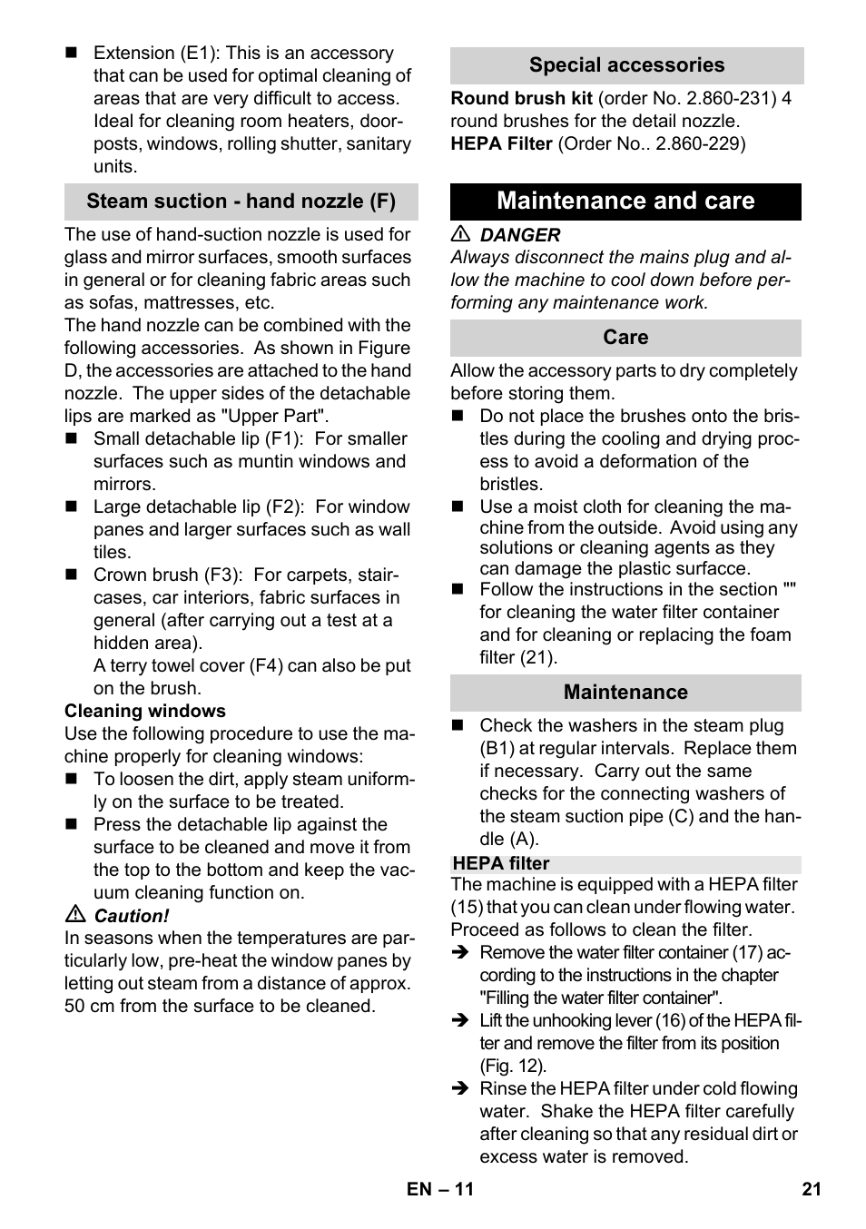 Maintenance and care | Karcher SV 1902 User Manual | Page 21 / 284