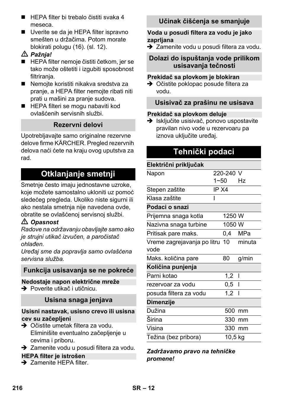 Otklanjanje smetnji, Tehnički podaci | Karcher SV 1902 User Manual | Page 216 / 284