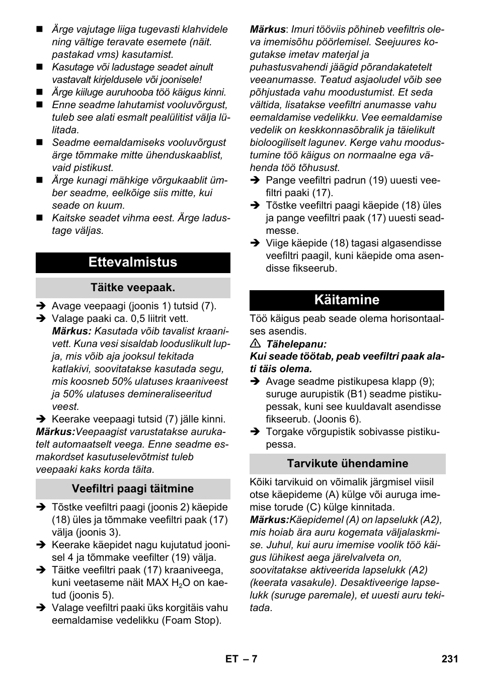 Ettevalmistus, Käitamine | Karcher SV 1902 User Manual | Page 231 / 284