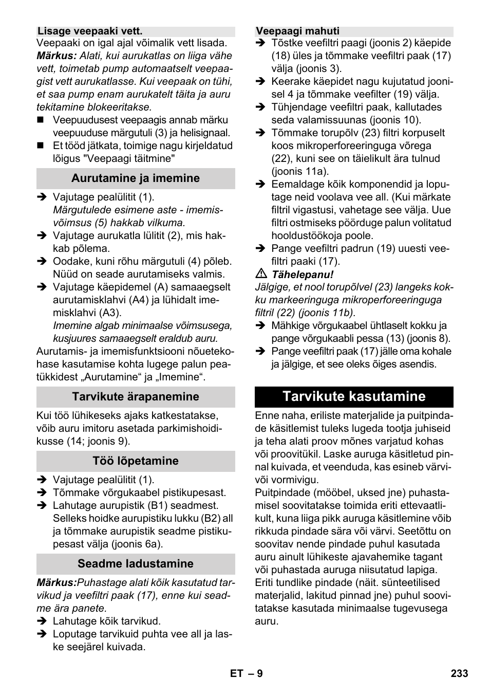 Tarvikute kasutamine | Karcher SV 1902 User Manual | Page 233 / 284