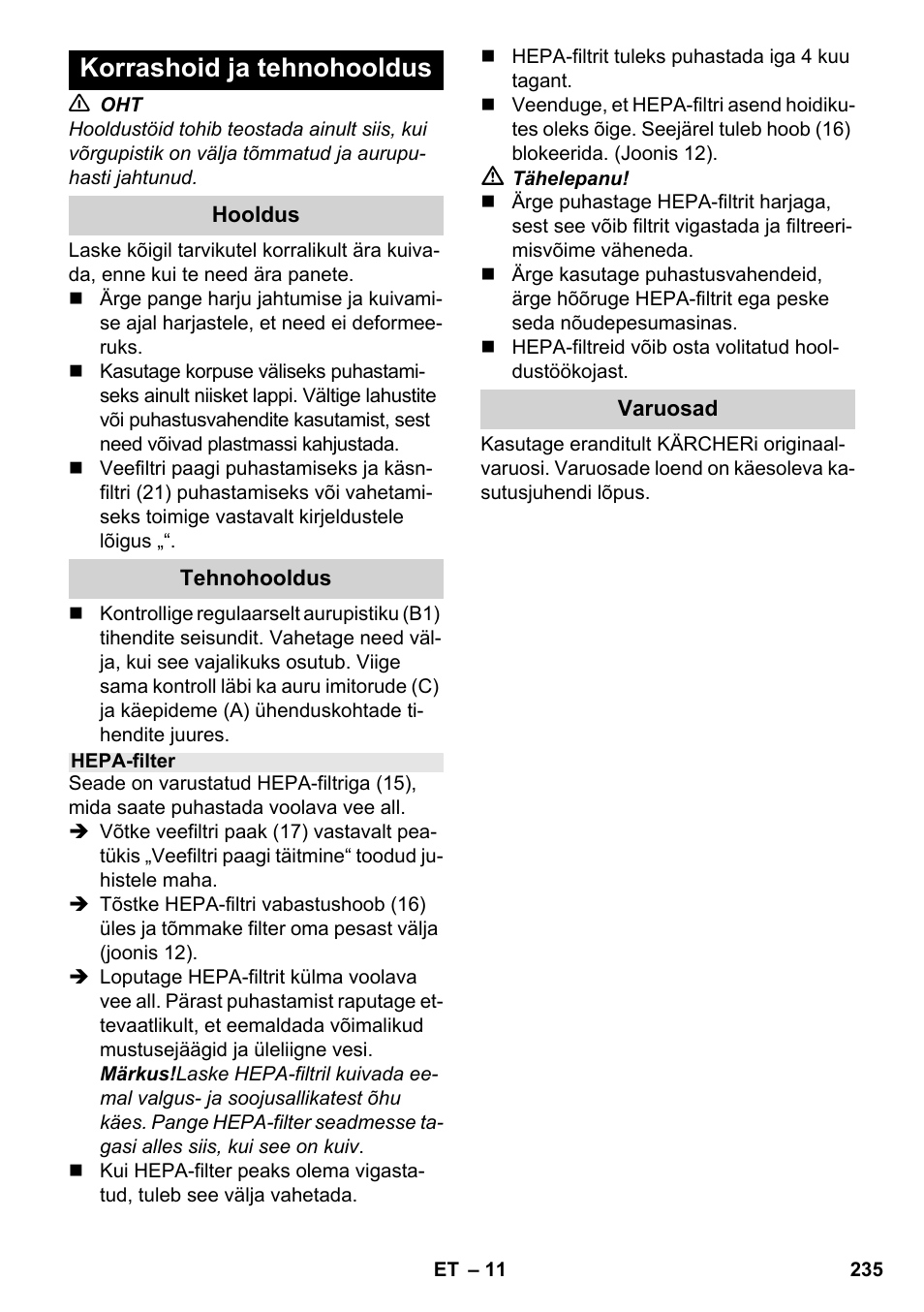 Korrashoid ja tehnohooldus | Karcher SV 1902 User Manual | Page 235 / 284