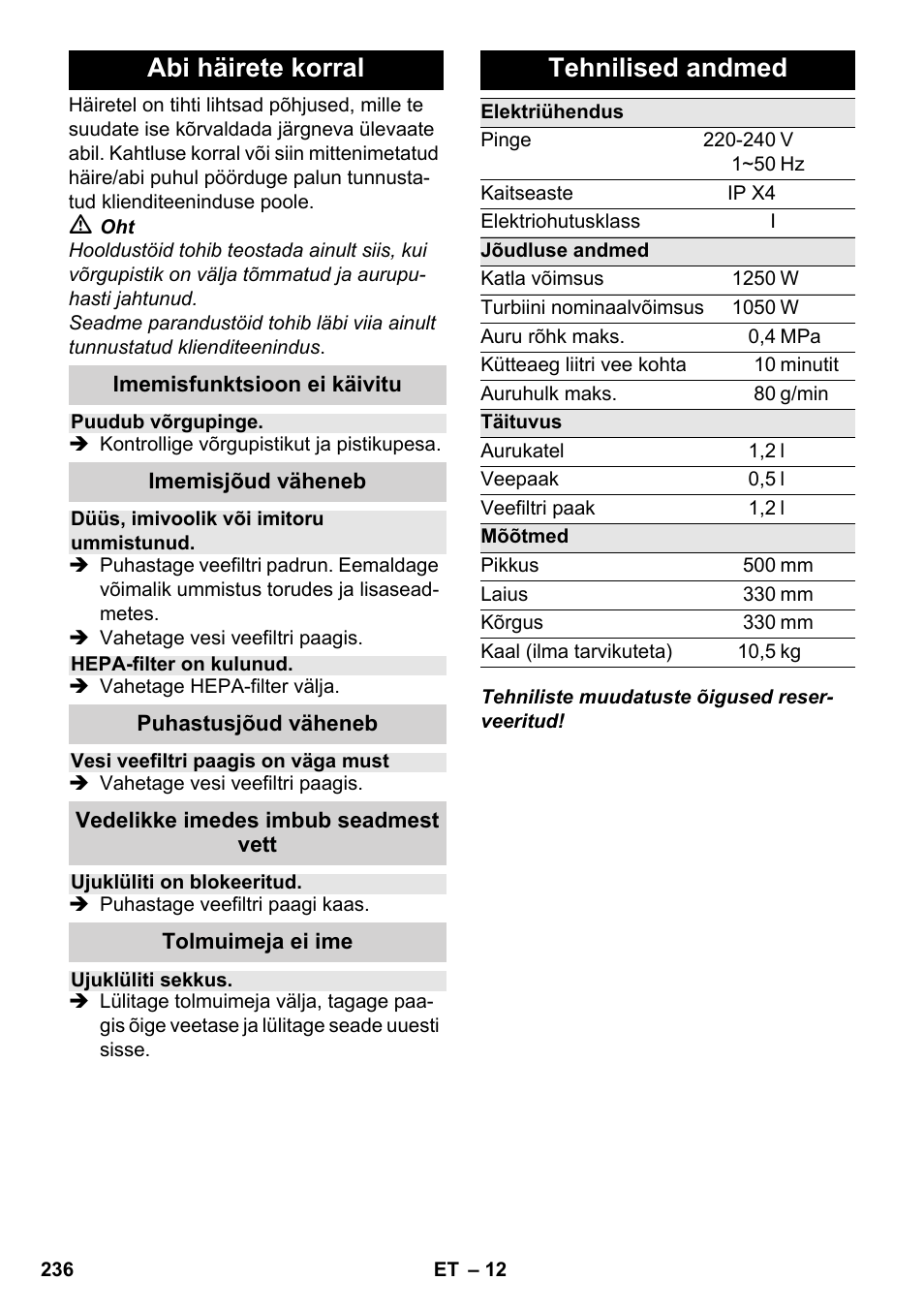 Abi häirete korral, Tehnilised andmed | Karcher SV 1902 User Manual | Page 236 / 284