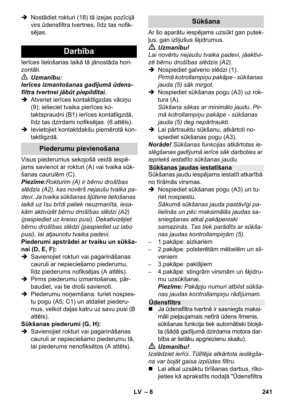 Darbība | Karcher SV 1902 User Manual | Page 241 / 284