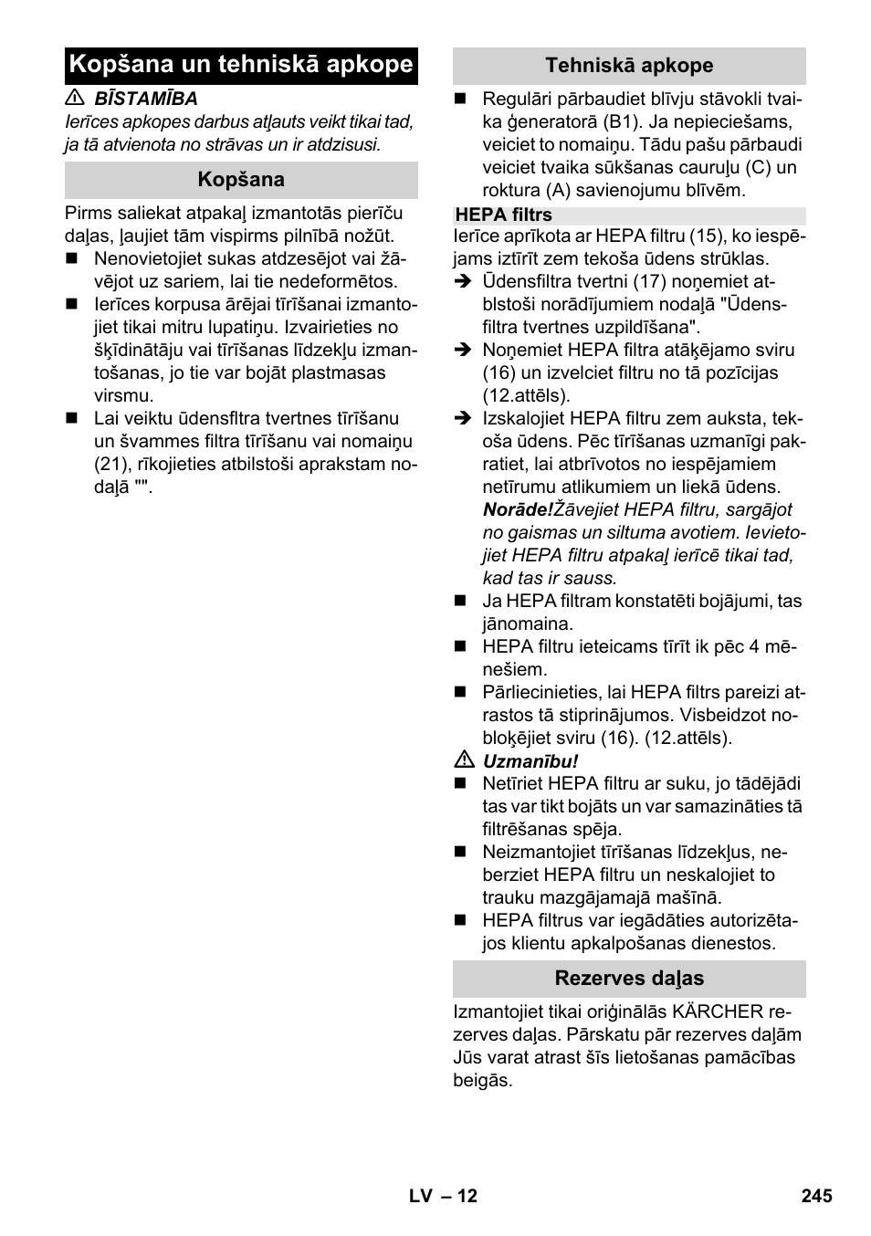 Kopšana un tehniskā apkope | Karcher SV 1902 User Manual | Page 245 / 284