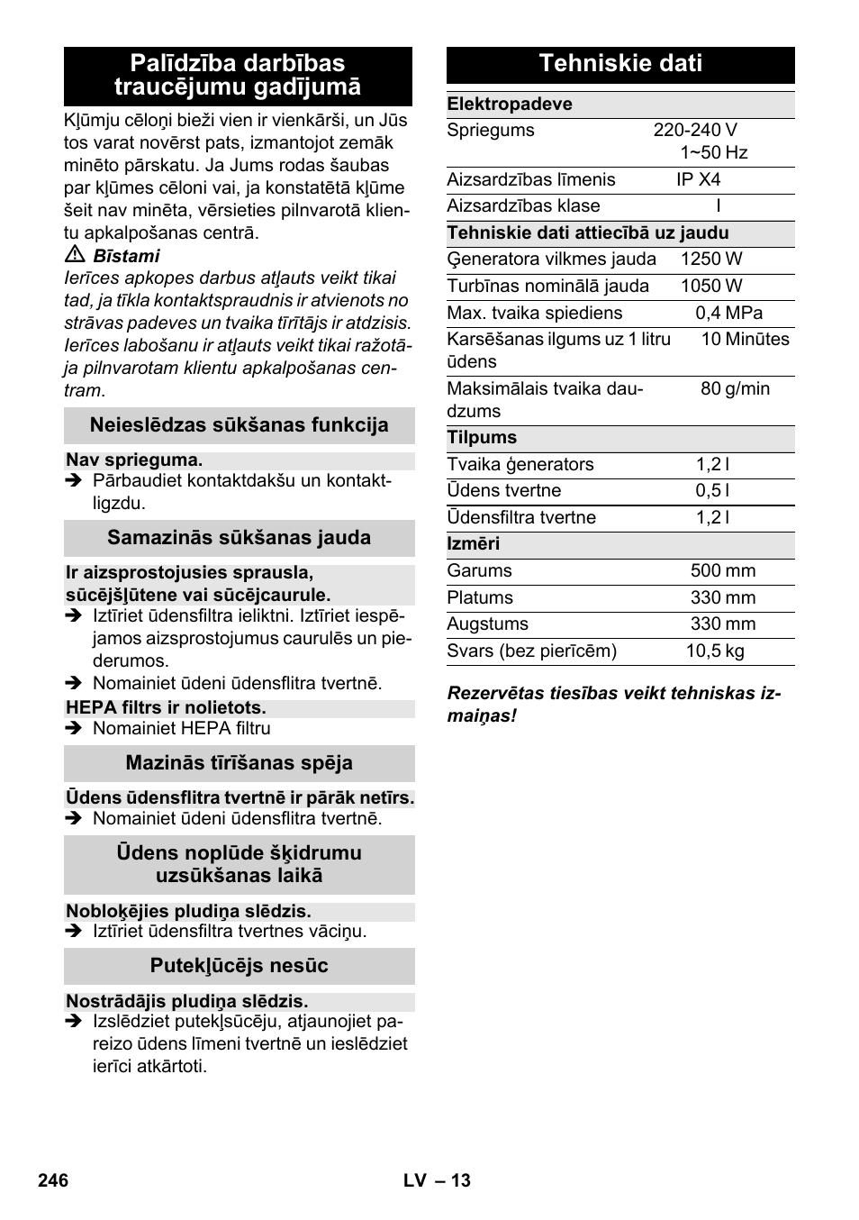 Palīdzība darbības traucējumu gadījumā, Tehniskie dati | Karcher SV 1902 User Manual | Page 246 / 284