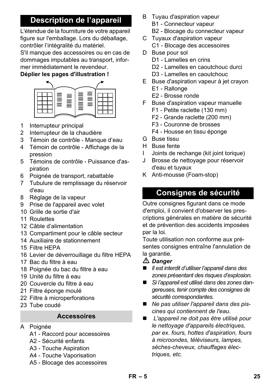 Description de l’appareil, Consignes de sécurité | Karcher SV 1902 User Manual | Page 25 / 284