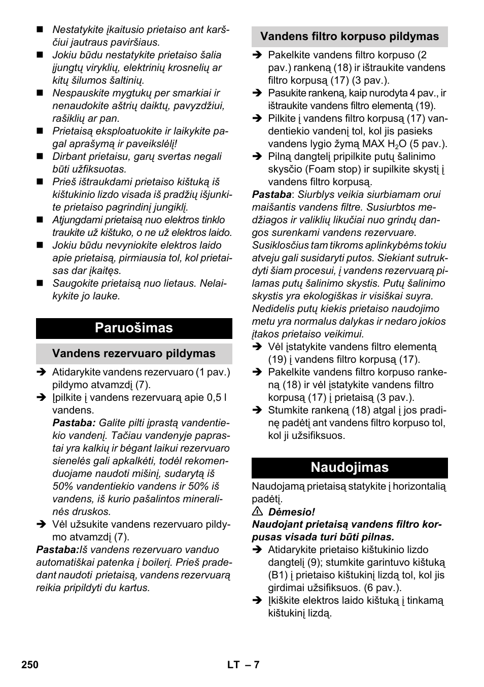Paruošimas, Naudojimas | Karcher SV 1902 User Manual | Page 250 / 284