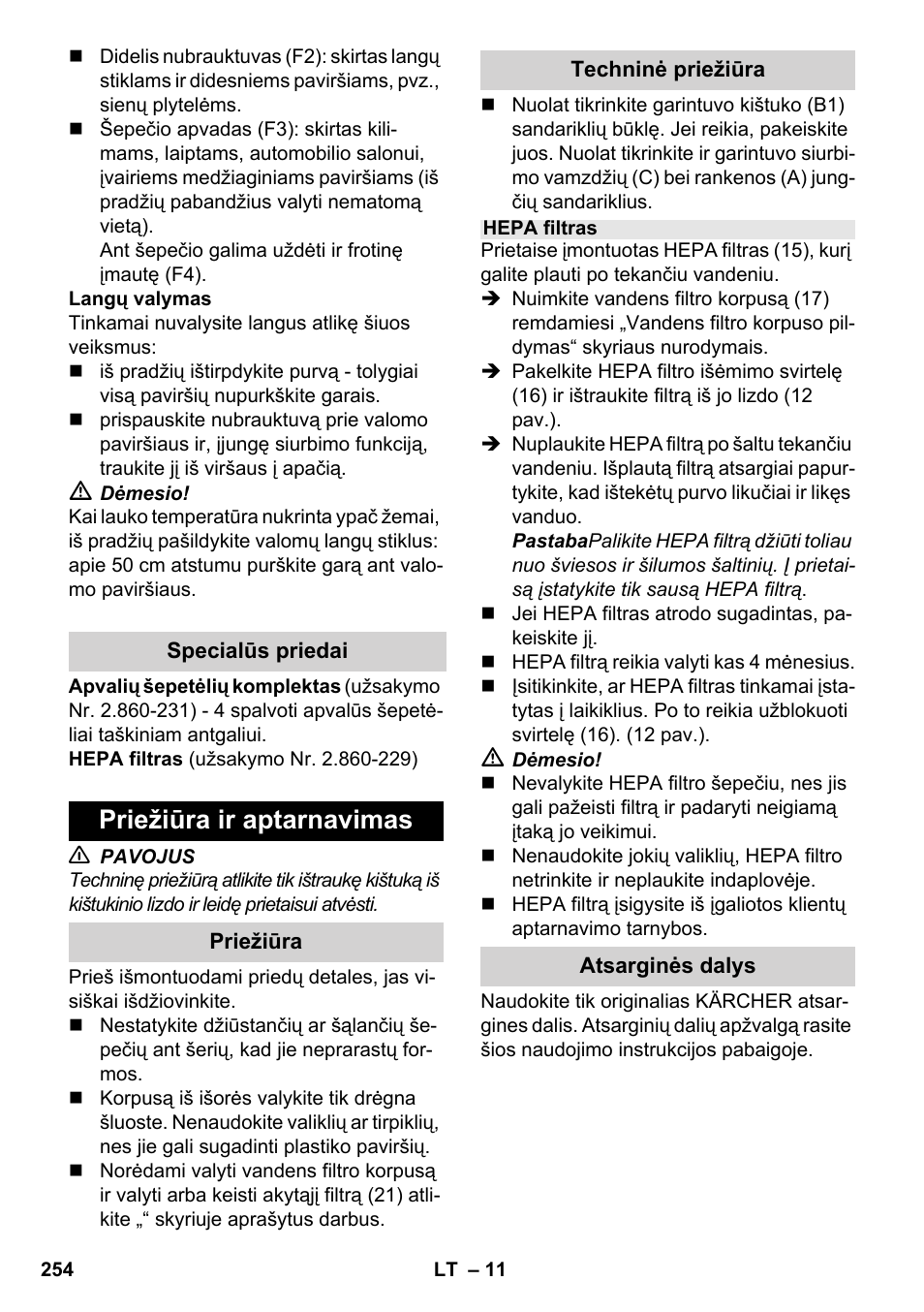 Priežiūra ir aptarnavimas | Karcher SV 1902 User Manual | Page 254 / 284