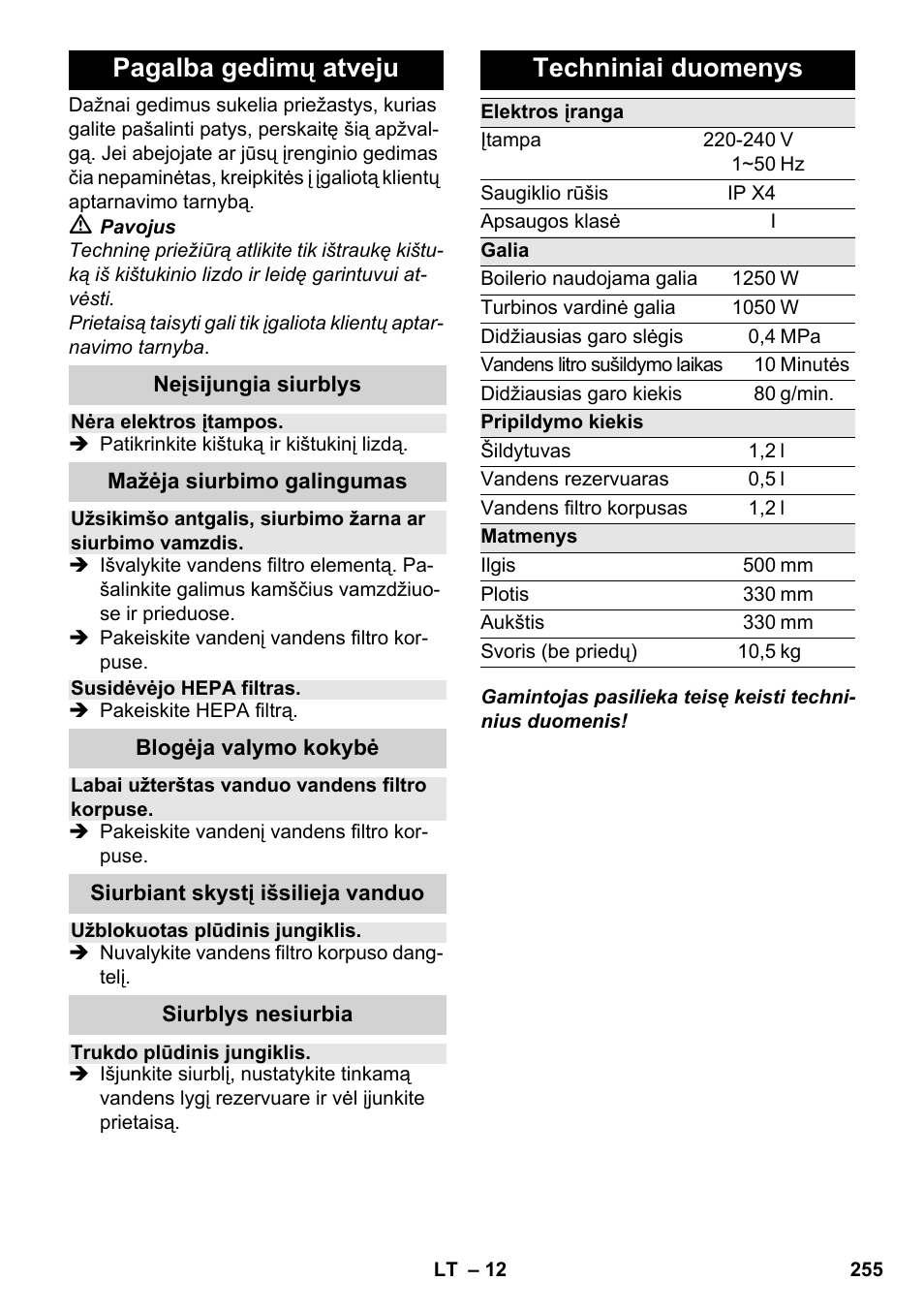 Pagalba gedimų atveju, Techniniai duomenys | Karcher SV 1902 User Manual | Page 255 / 284
