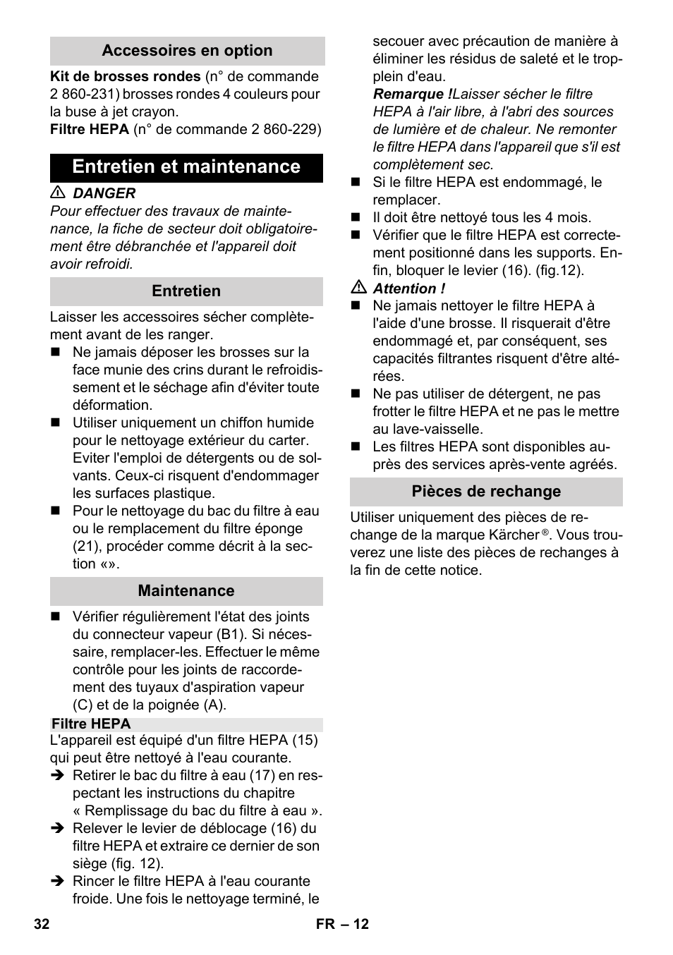 Entretien et maintenance | Karcher SV 1902 User Manual | Page 32 / 284