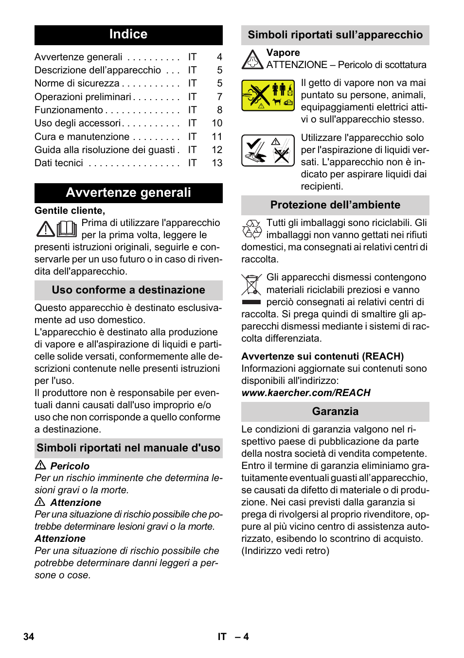 Italiano, Indice, Avvertenze generali | Karcher SV 1902 User Manual | Page 34 / 284