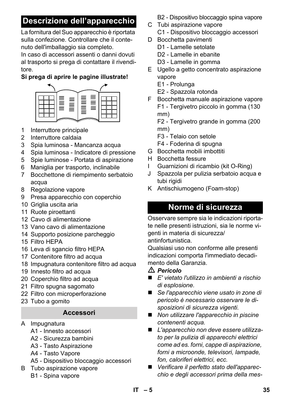 Descrizione dell’apparecchio, Norme di sicurezza | Karcher SV 1902 User Manual | Page 35 / 284