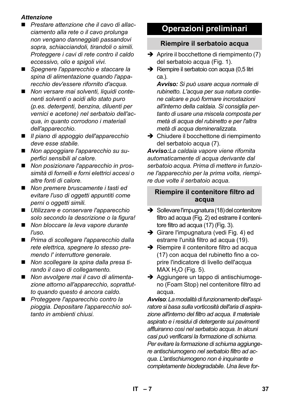 Operazioni preliminari | Karcher SV 1902 User Manual | Page 37 / 284