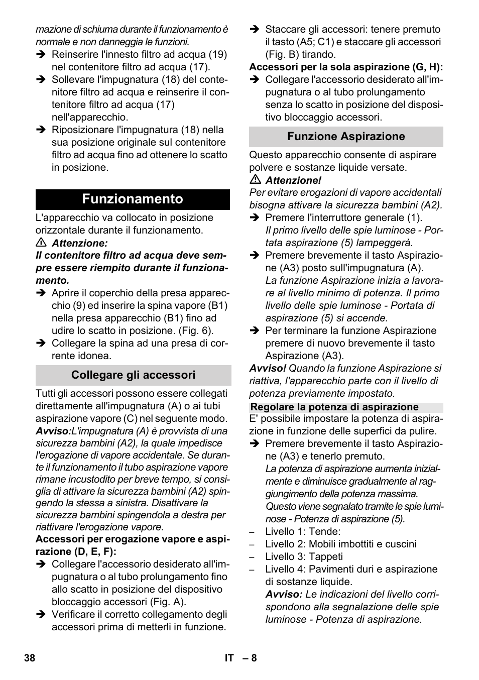 Funzionamento | Karcher SV 1902 User Manual | Page 38 / 284