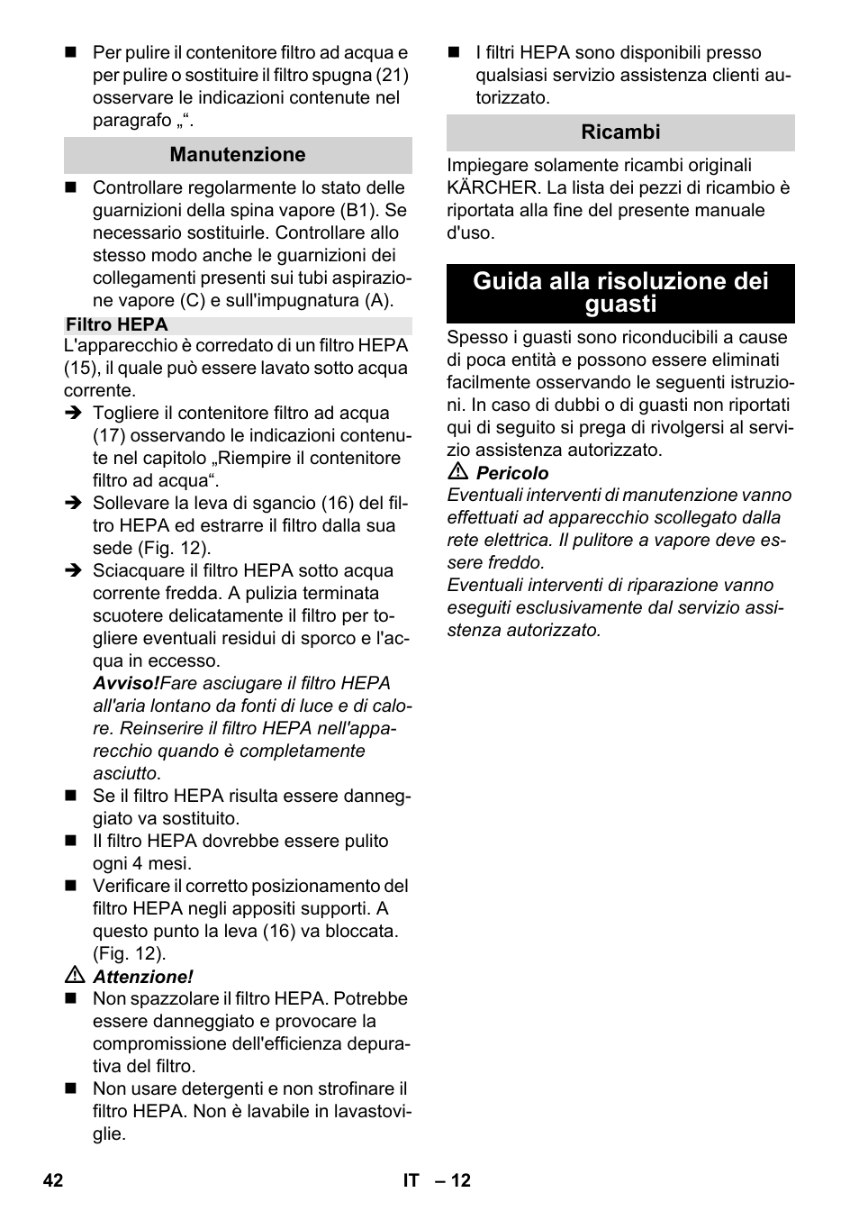 Guida alla risoluzione dei guasti | Karcher SV 1902 User Manual | Page 42 / 284