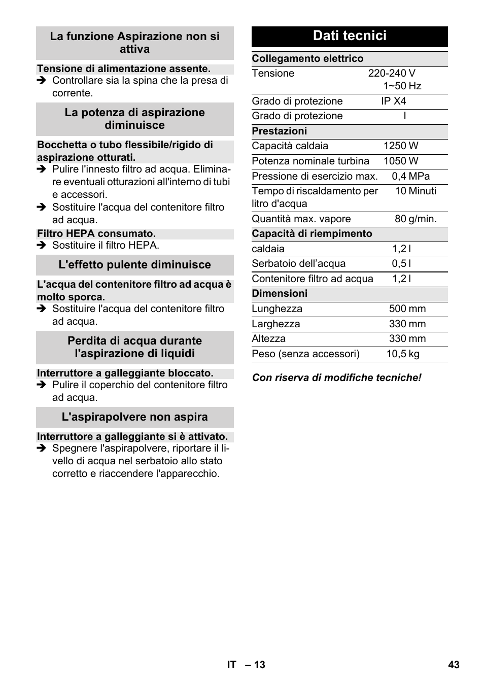 Dati tecnici | Karcher SV 1902 User Manual | Page 43 / 284