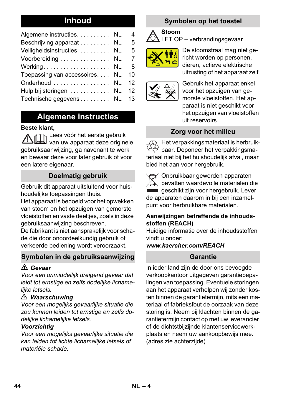 Nederlands, Inhoud, Algemene instructies | Karcher SV 1902 User Manual | Page 44 / 284