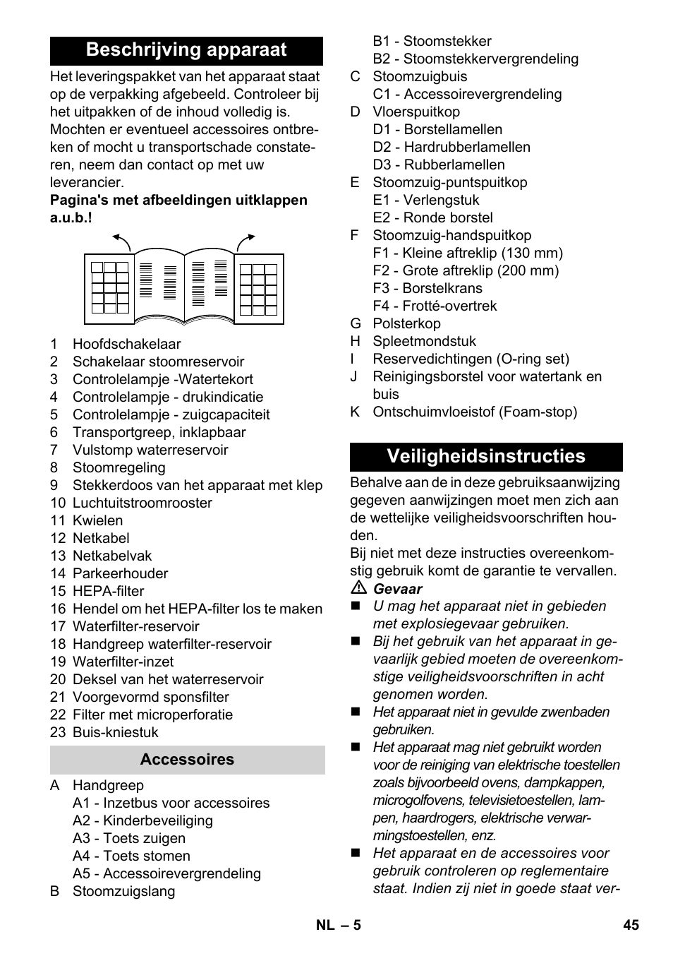 Beschrijving apparaat, Veiligheidsinstructies | Karcher SV 1902 User Manual | Page 45 / 284