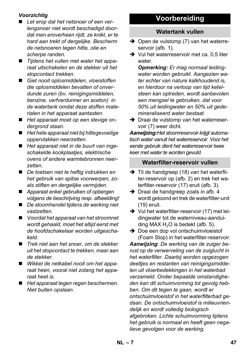 Voorbereiding | Karcher SV 1902 User Manual | Page 47 / 284