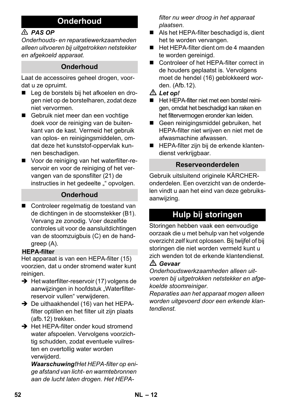 Onderhoud, Hulp bij storingen | Karcher SV 1902 User Manual | Page 52 / 284