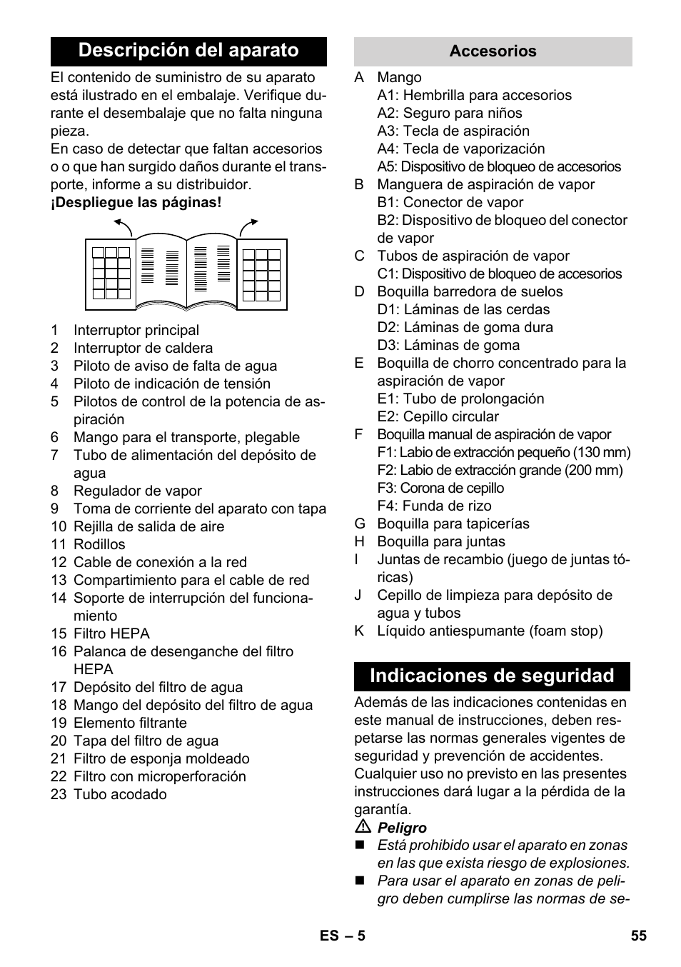 Descripción del aparato, Indicaciones de seguridad | Karcher SV 1902 User Manual | Page 55 / 284