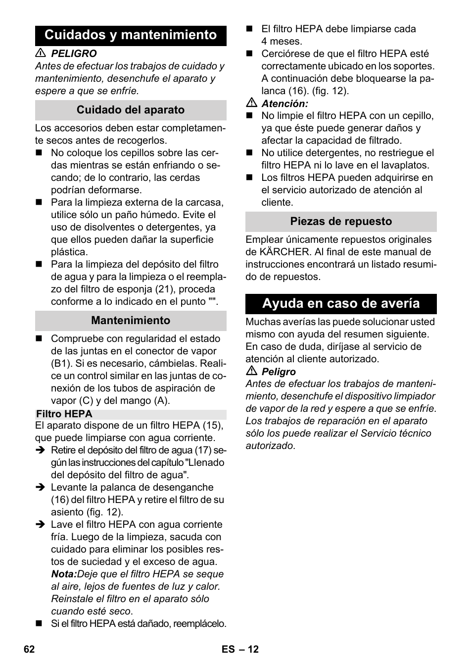 Cuidados y mantenimiento, Ayuda en caso de avería | Karcher SV 1902 User Manual | Page 62 / 284