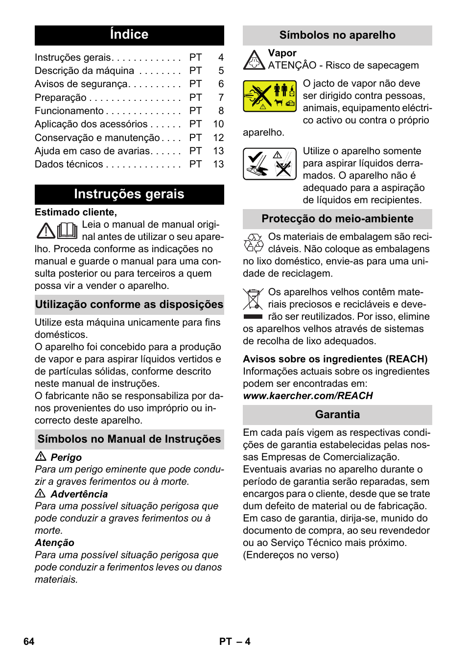 Português, Índice, Instruções gerais | Karcher SV 1902 User Manual | Page 64 / 284