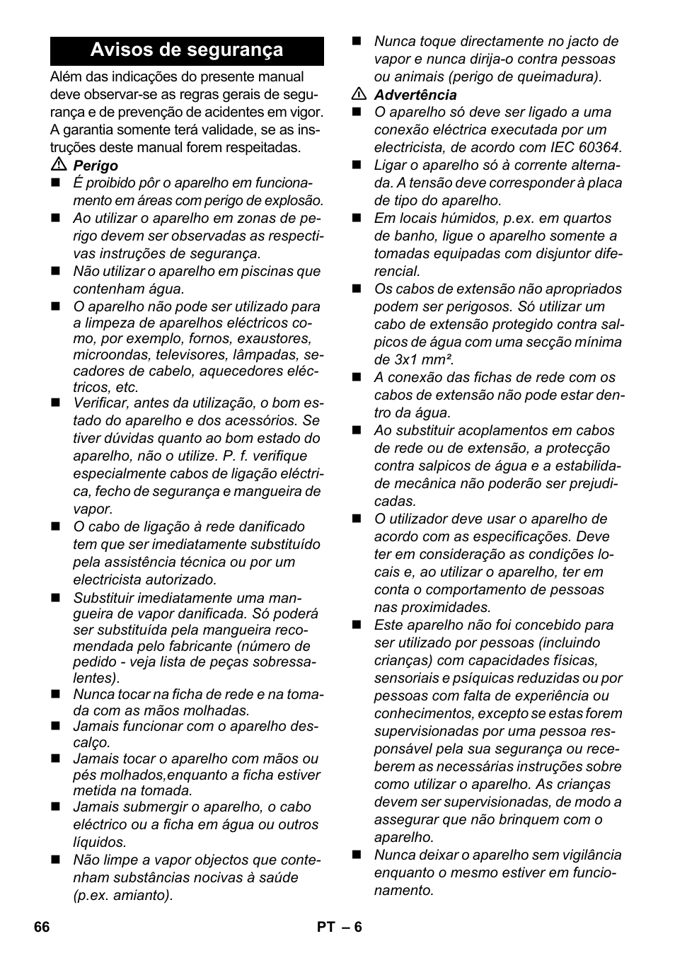 Avisos de segurança | Karcher SV 1902 User Manual | Page 66 / 284