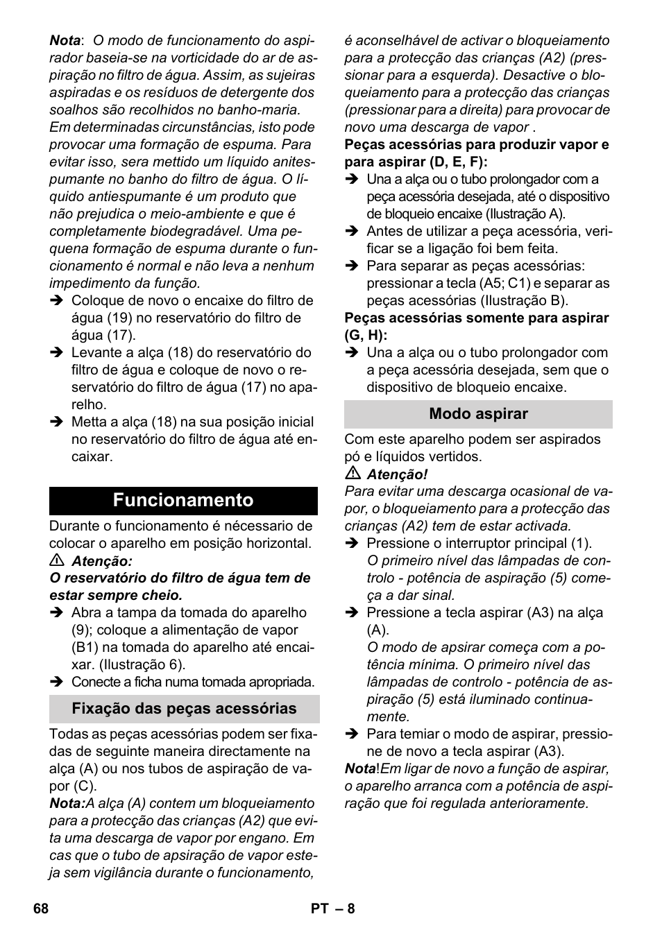 Funcionamento | Karcher SV 1902 User Manual | Page 68 / 284