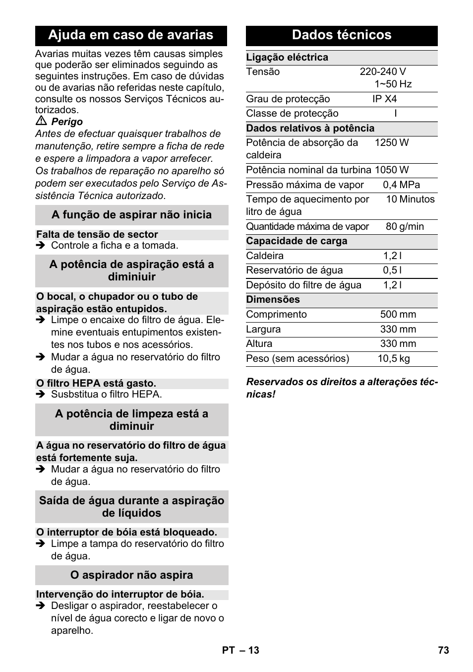 Ajuda em caso de avarias, Dados técnicos | Karcher SV 1902 User Manual | Page 73 / 284