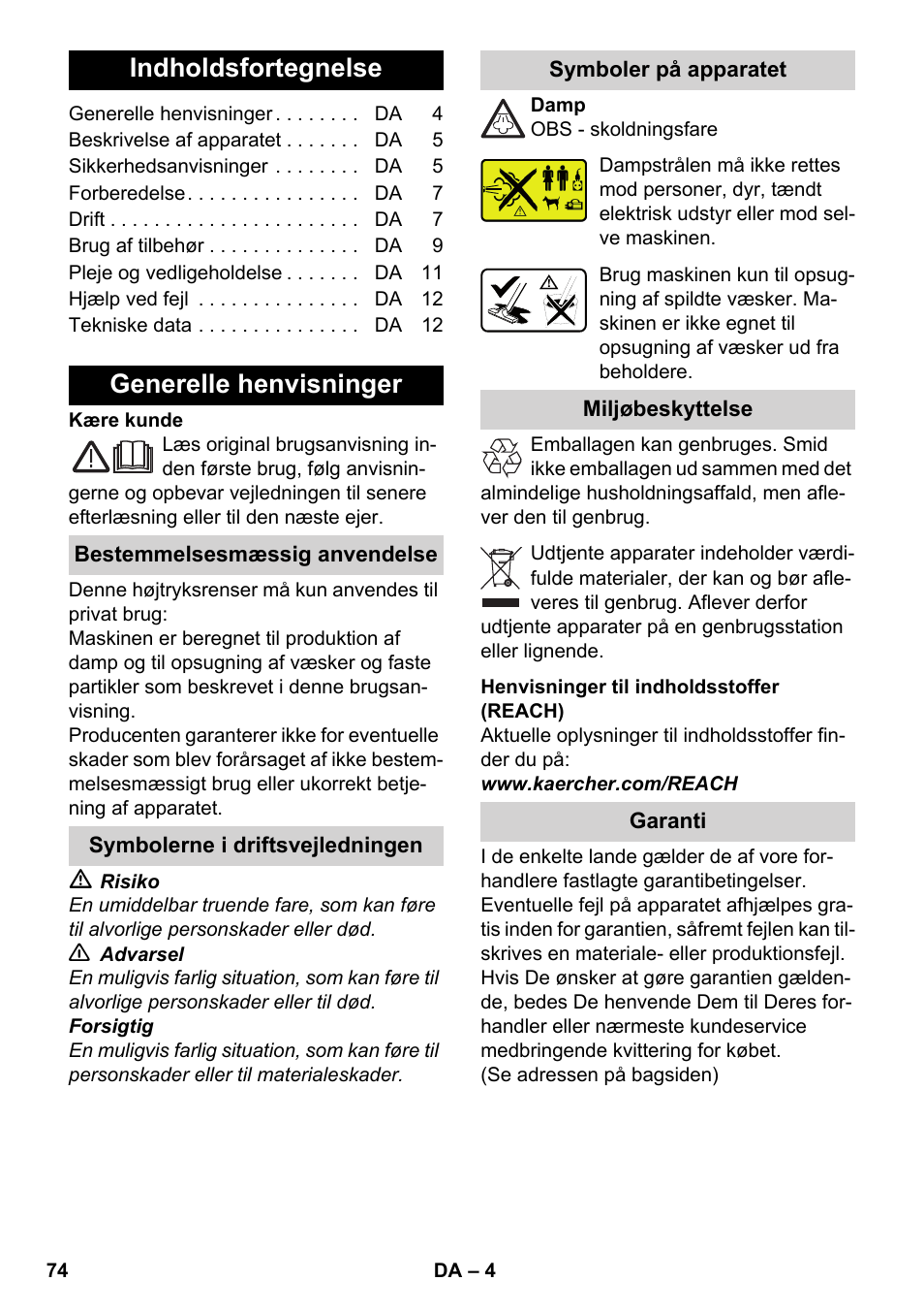 Dansk, Indholdsfortegnelse, Generelle henvisninger | Karcher SV 1902 User Manual | Page 74 / 284