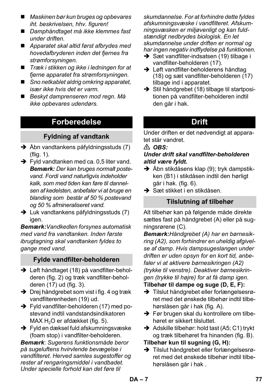 Forberedelse, Drift | Karcher SV 1902 User Manual | Page 77 / 284