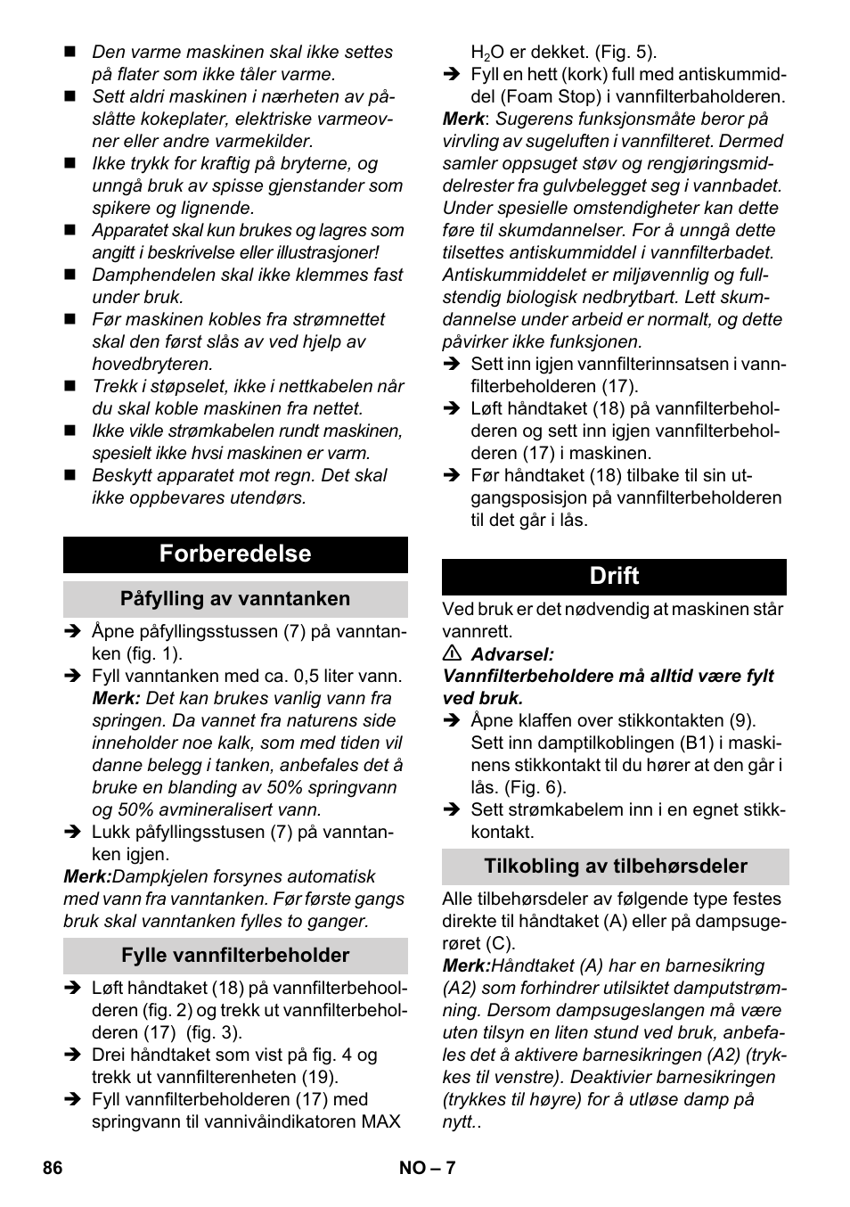 Forberedelse, Drift | Karcher SV 1902 User Manual | Page 86 / 284