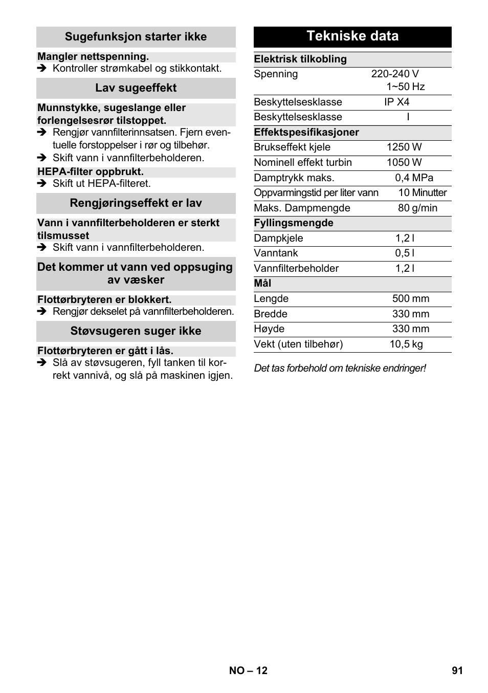 Tekniske data | Karcher SV 1902 User Manual | Page 91 / 284
