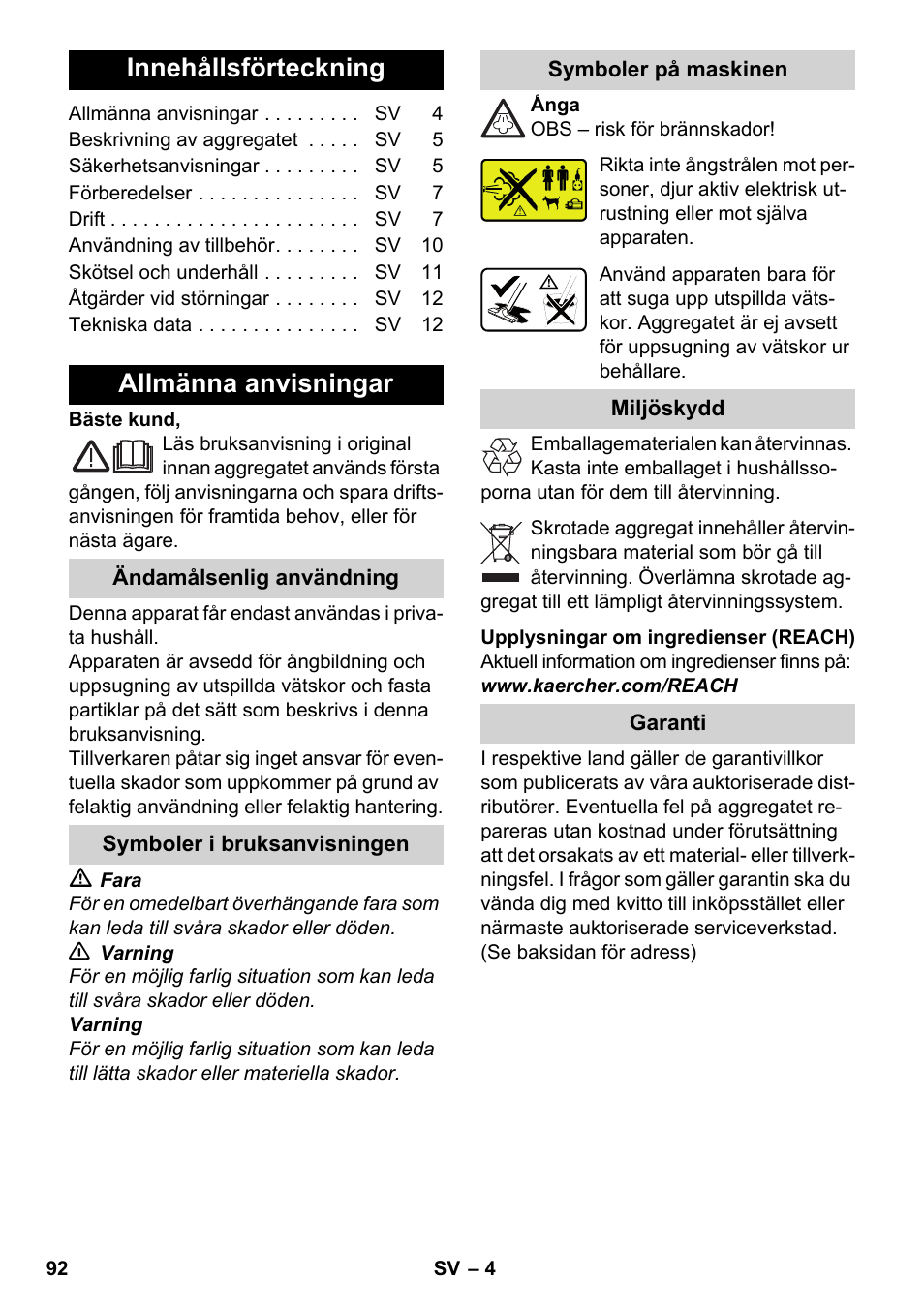 Svenska, Innehållsförteckning, Allmänna anvisningar | Karcher SV 1902 User Manual | Page 92 / 284