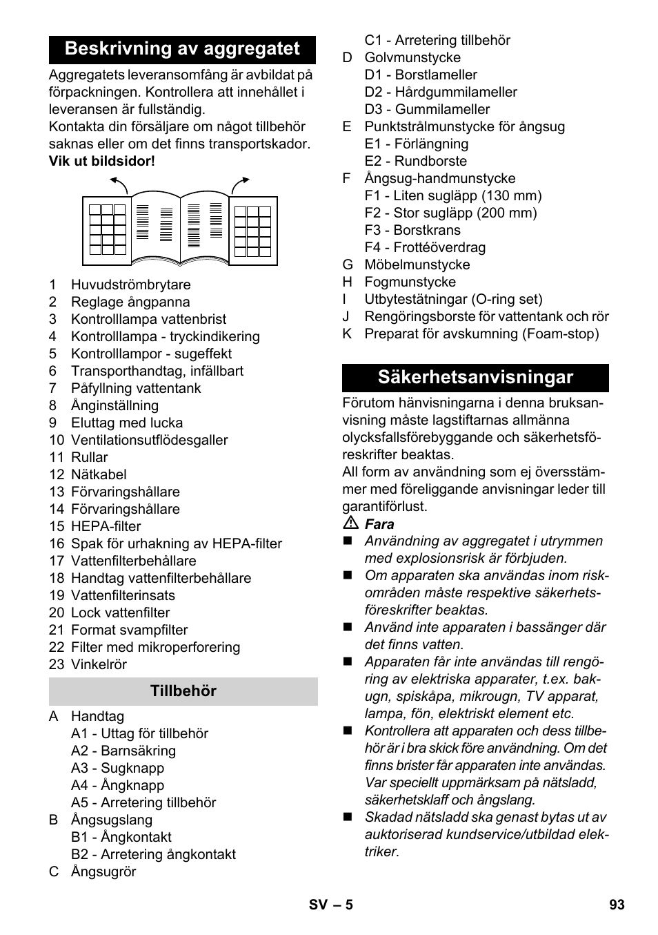 Beskrivning av aggregatet, Säkerhetsanvisningar | Karcher SV 1902 User Manual | Page 93 / 284