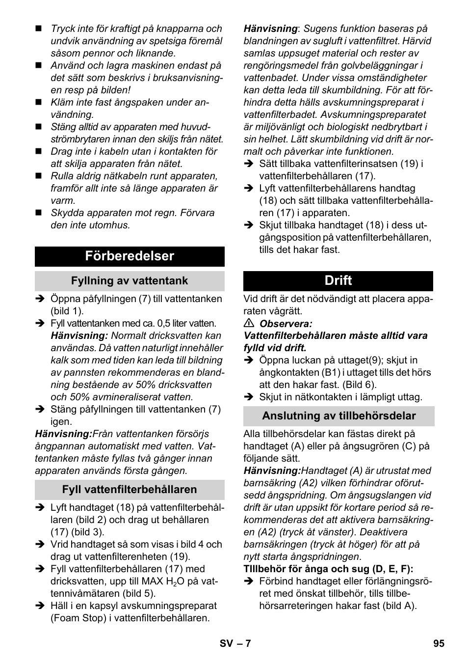 Förberedelser, Drift | Karcher SV 1902 User Manual | Page 95 / 284
