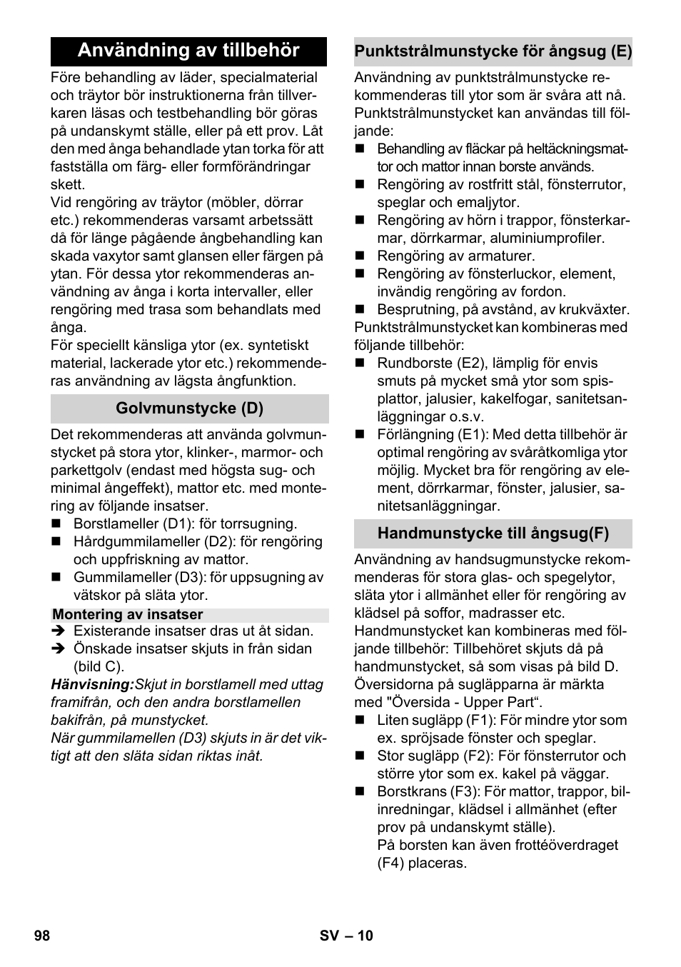 Användning av tillbehör | Karcher SV 1902 User Manual | Page 98 / 284