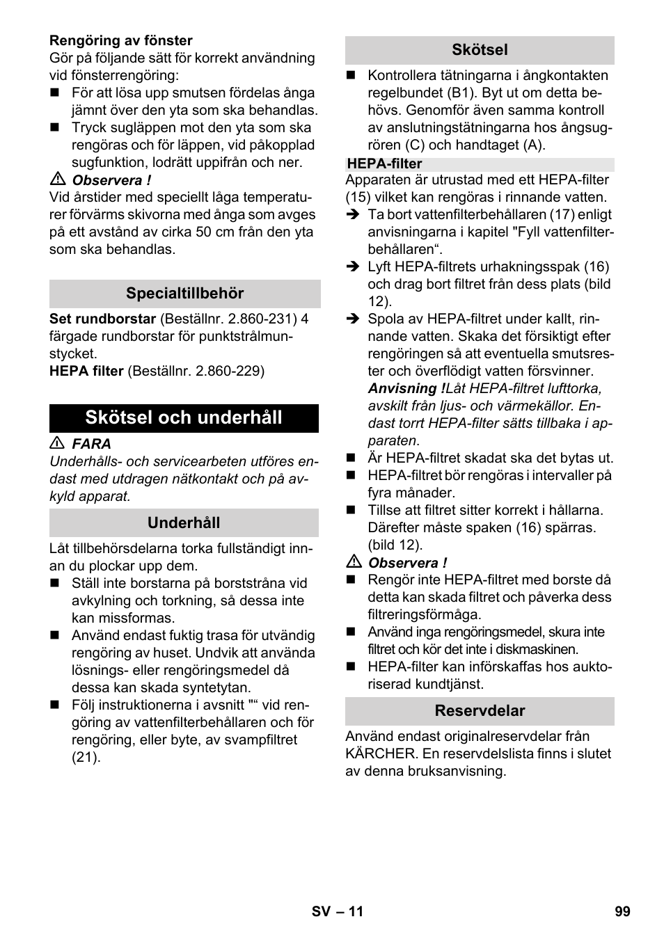 Skötsel och underhåll | Karcher SV 1902 User Manual | Page 99 / 284