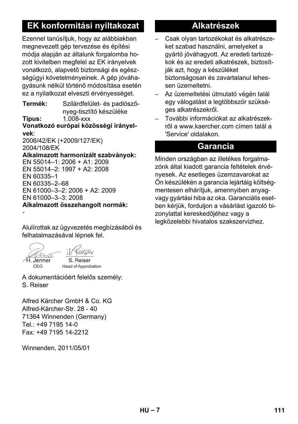 Ek konformitási nyiltakozat, Alkatrészek garancia | Karcher BRC 30-15 C User Manual | Page 111 / 200