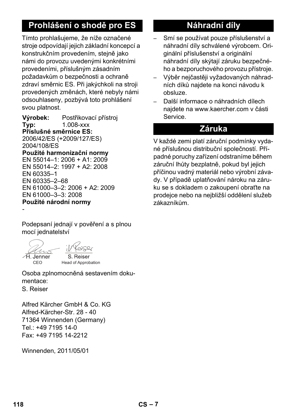 Prohlášení o shodě pro es, Náhradní díly záruka | Karcher BRC 30-15 C User Manual | Page 118 / 200