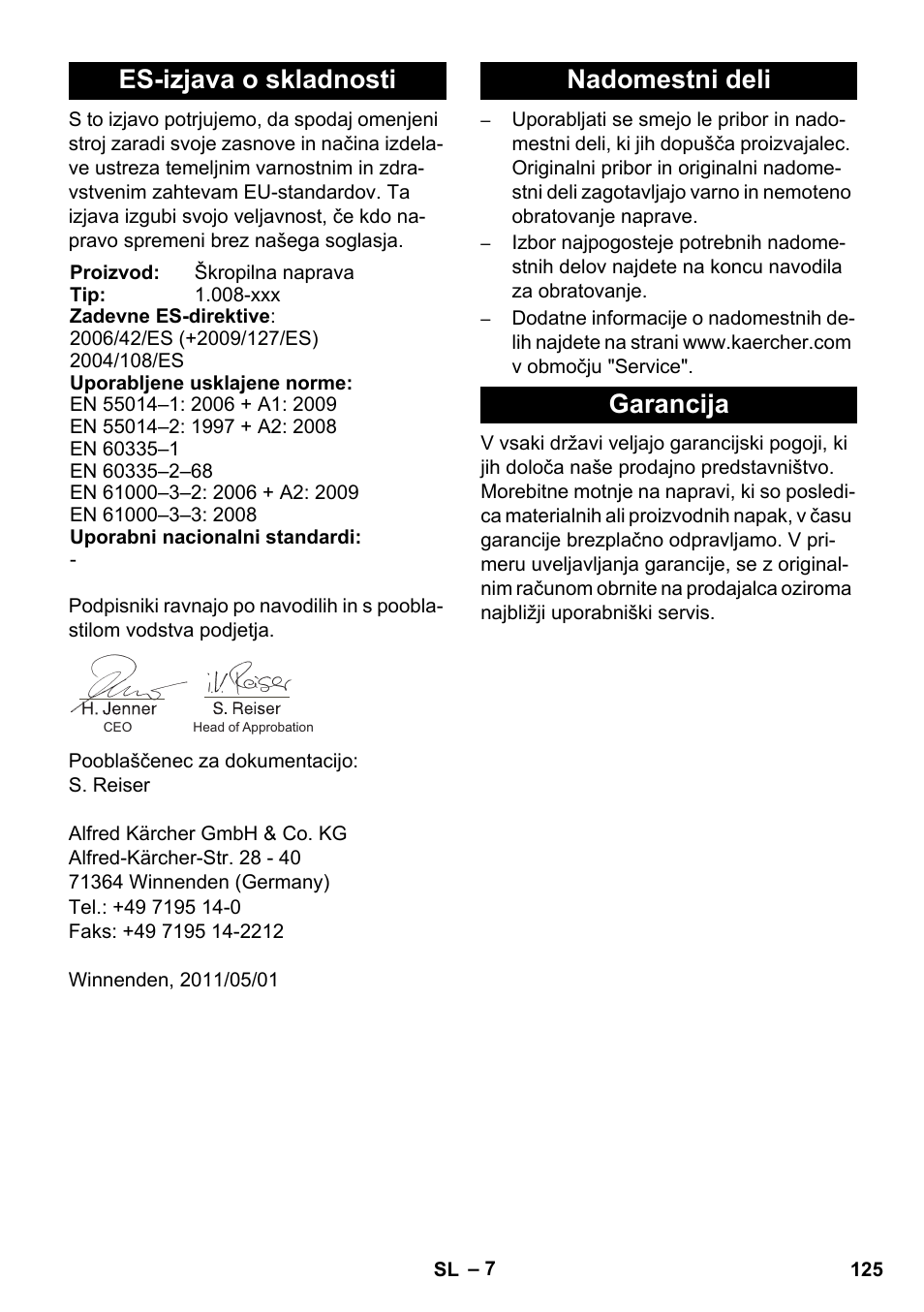 Es-izjava o skladnosti, Nadomestni deli garancija | Karcher BRC 30-15 C User Manual | Page 125 / 200