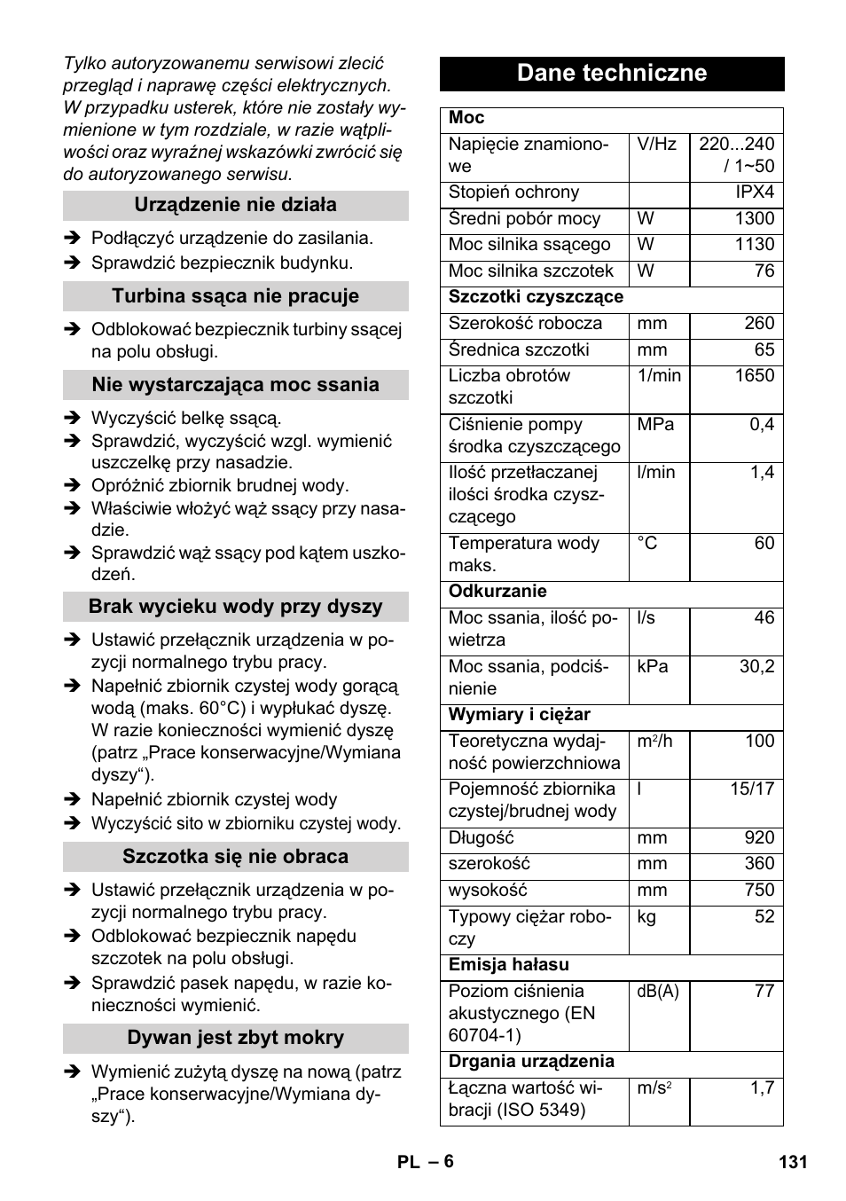 Dane techniczne | Karcher BRC 30-15 C User Manual | Page 131 / 200