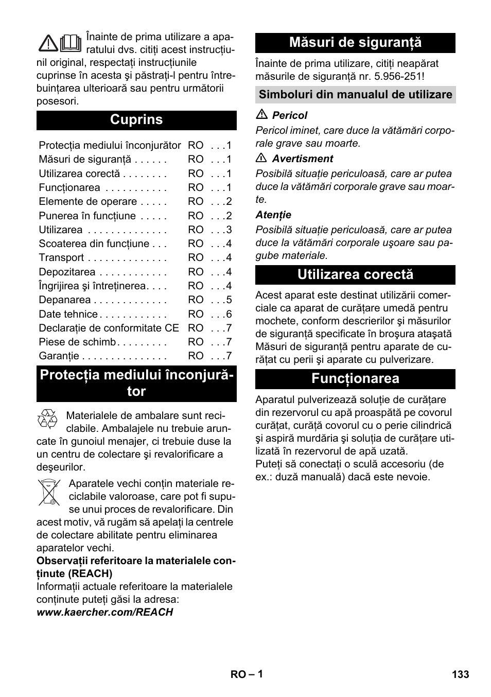 Româneşte, Românete, Cuprins | Utilizarea corectă funcţionarea | Karcher BRC 30-15 C User Manual | Page 133 / 200