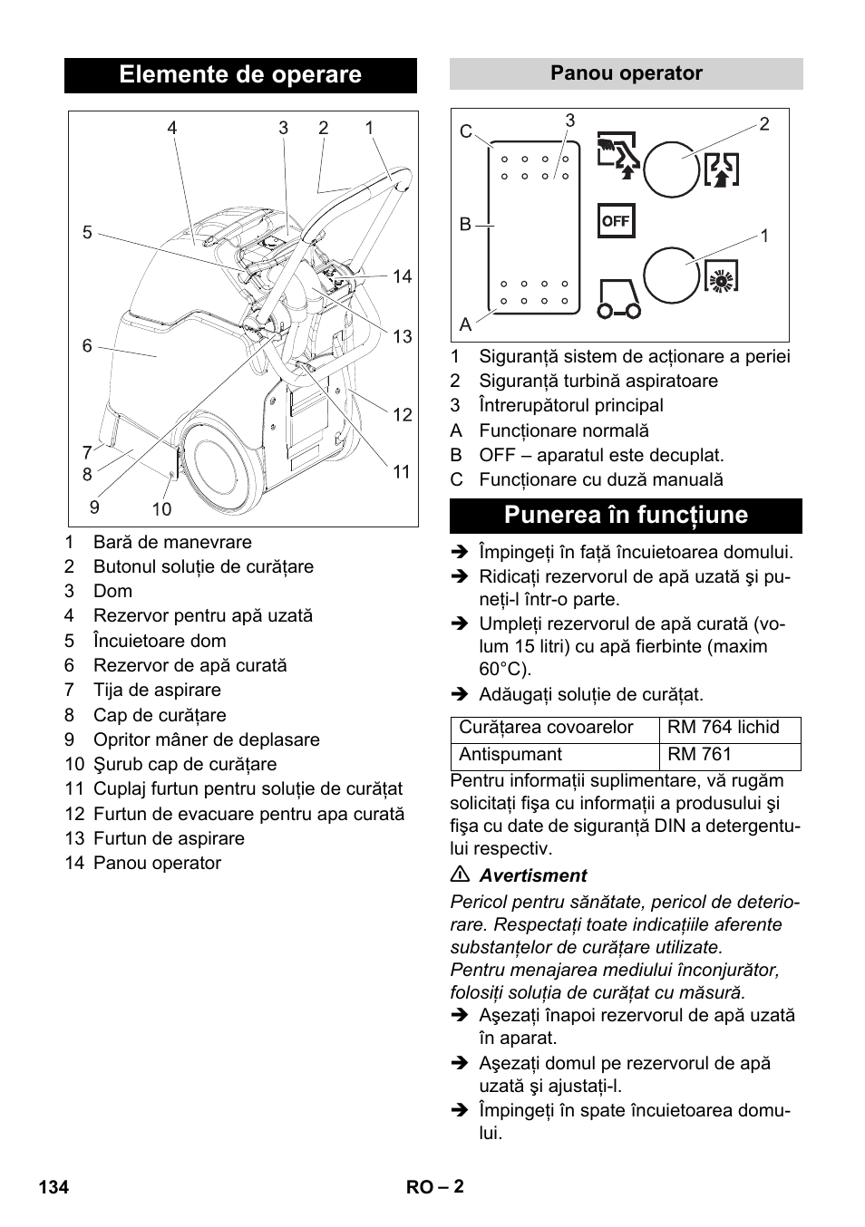 Elemente de operare, Punerea în funcţiune | Karcher BRC 30-15 C User Manual | Page 134 / 200